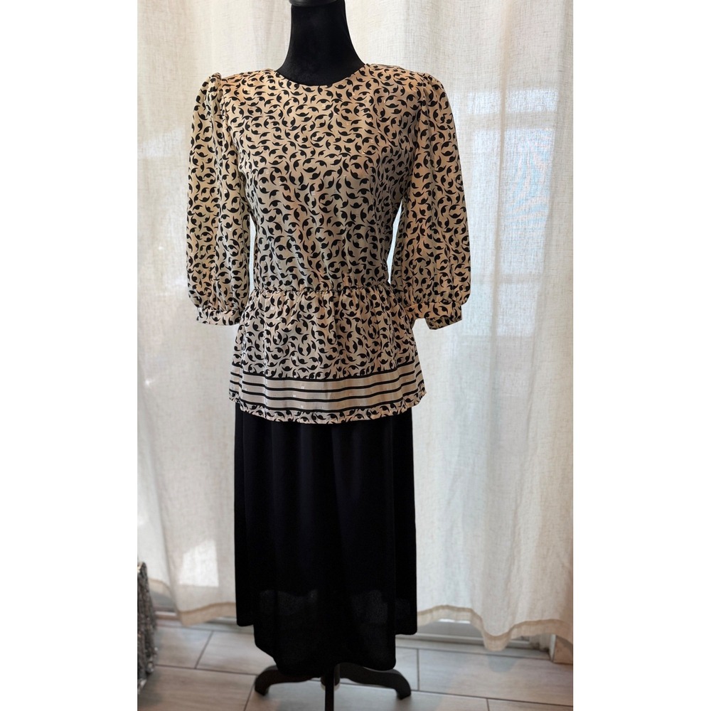 Sabino Vintage Women 6 Black Cream Abstract Peplum Midi Dress Puff Sleeve USA